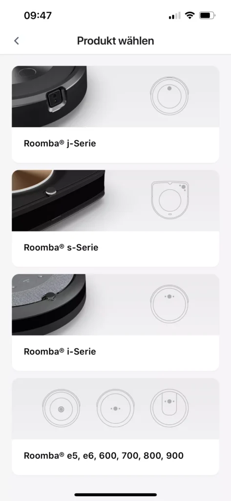 App Einrichtung Auswahl des Roomba Modells